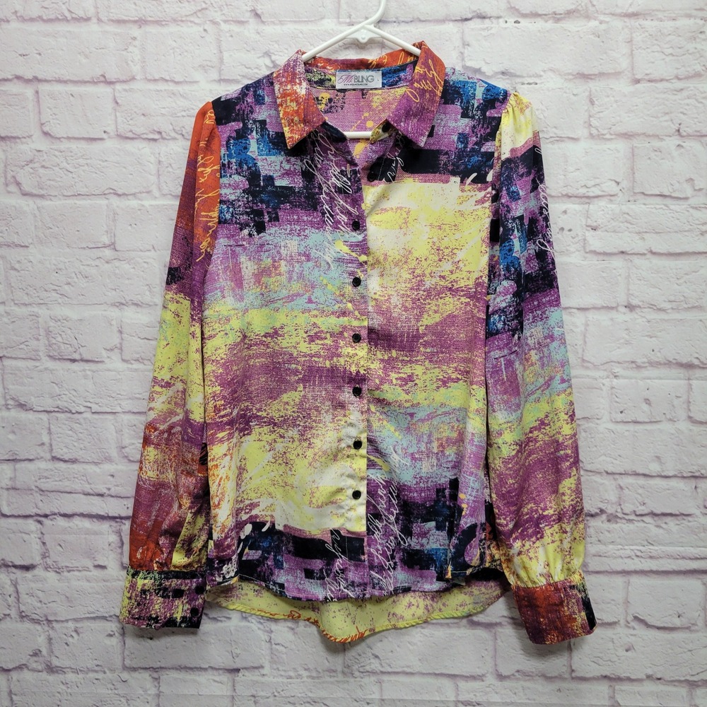 Ms Bling‎ Multicolor Abstract Button Shirt Size L Artsy Business Casual Retro